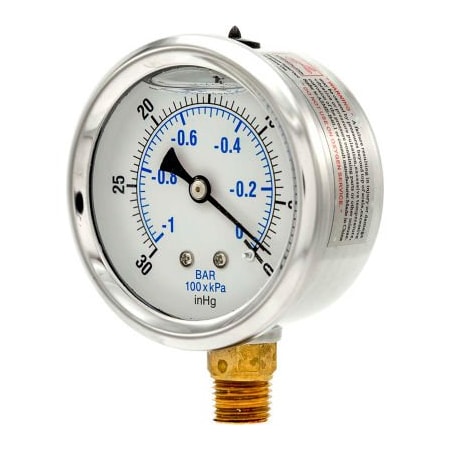 Engineered Specialty Products, Inc Pic Gauges 2-1/2" Vacuum Gauge, Liquid Filled, 15 PSI, Stainless Case, Lower Mount, PRO-201L-254A PRO-201L-254A